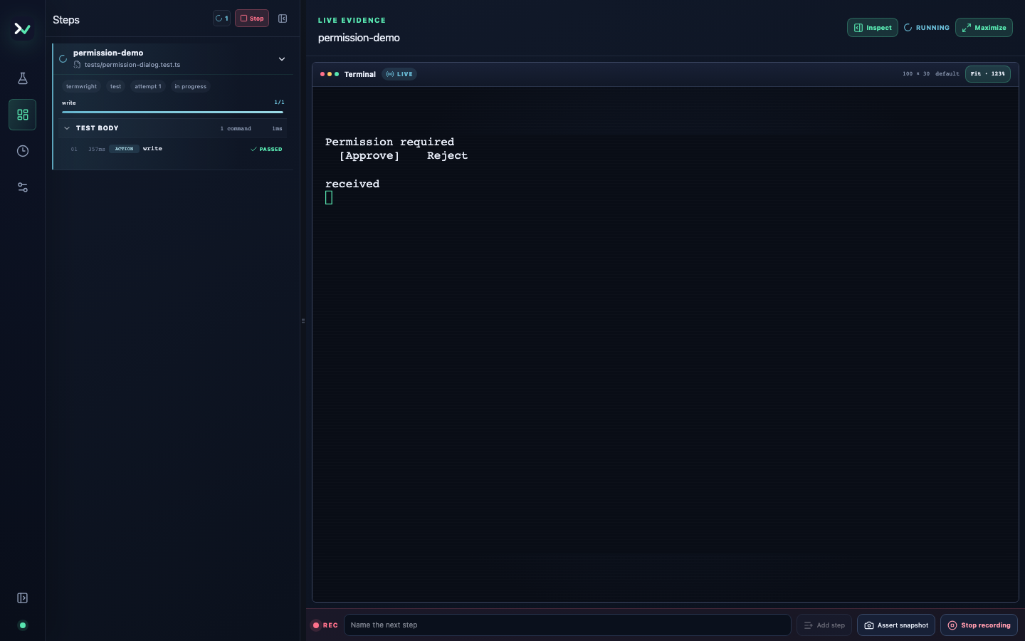 An active recording with the real terminal and recorder controls visible.