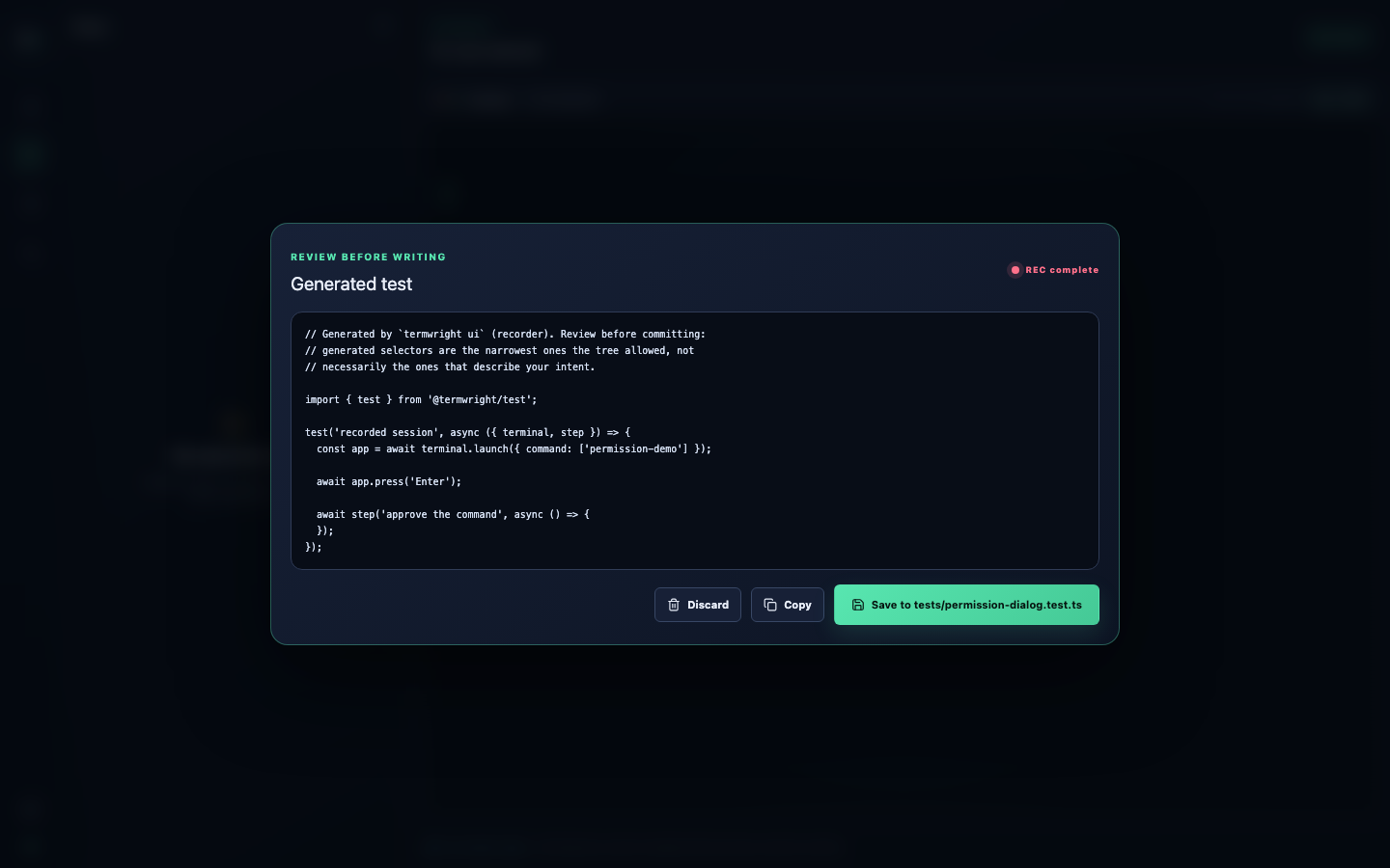 Recorder review dialog showing generated test source before it is saved.