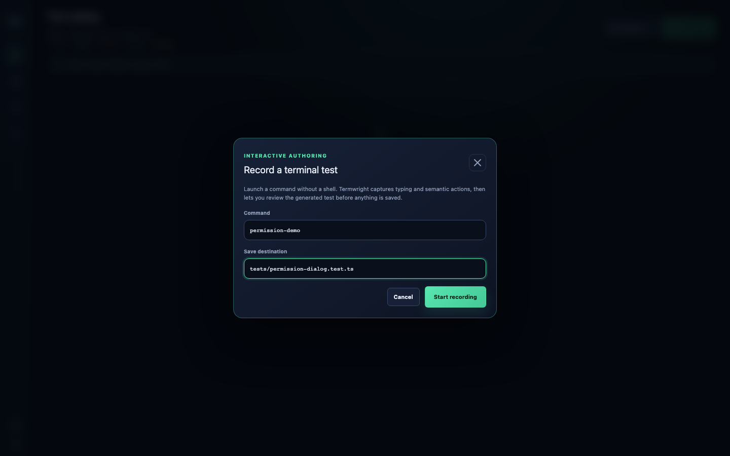 Recorder launch dialog with command and output file fields.
