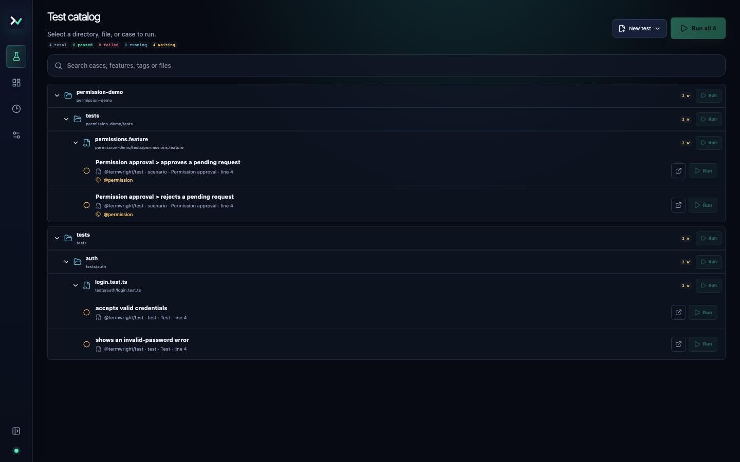 The Runner test catalogue with files, test names, status, and run controls.